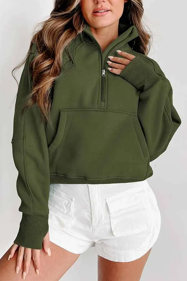 Green Zip Up Stand Collar Ribbed Thumbhole Sleeve Sweatshirt