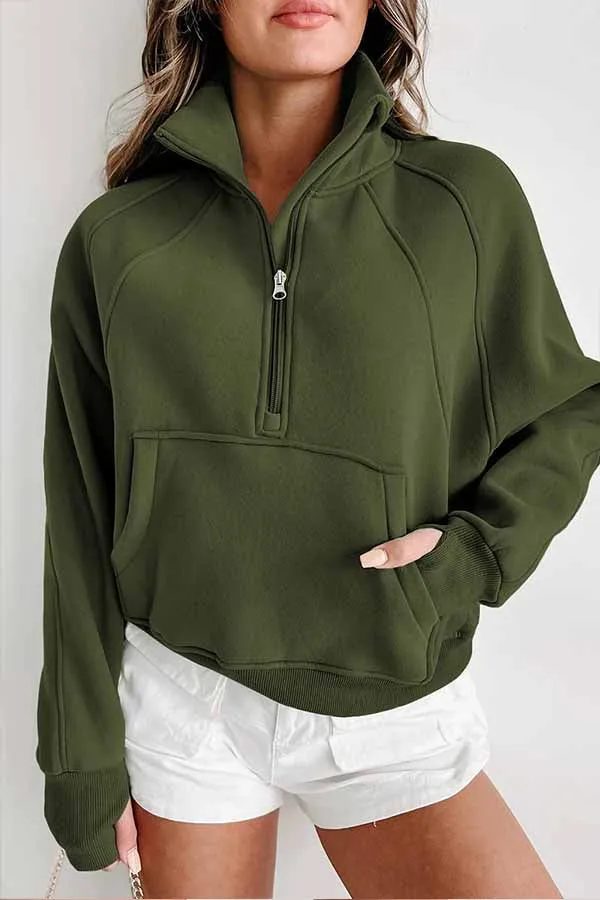 Green Zip Up Stand Collar Ribbed Thumbhole Sleeve Sweatshirt