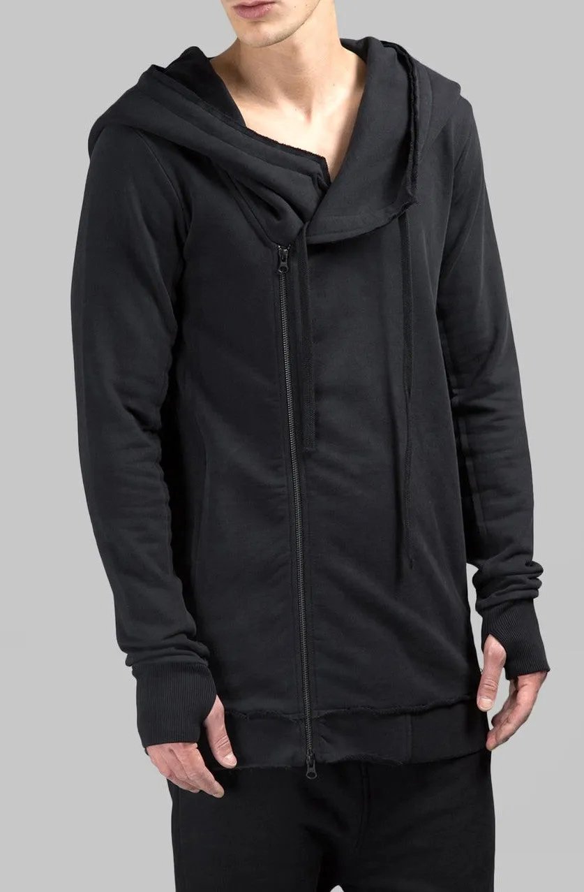 Men's Black Hoodie / Asymmetric Zip Closure / Big Hood