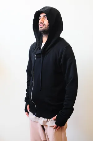 Men's Black Hoodie // Asymmetric Zip Closure // Gloves Sleeve // Big Hood / Oversized Skinny Sweatshirt